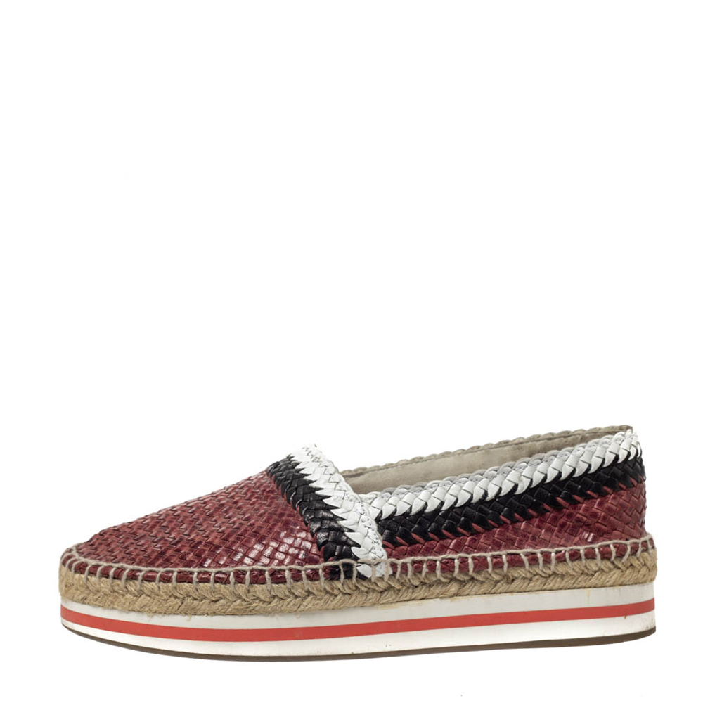 

Prada Sport Tricolor Woven Leather Platform Espadrille Flats Size, Red