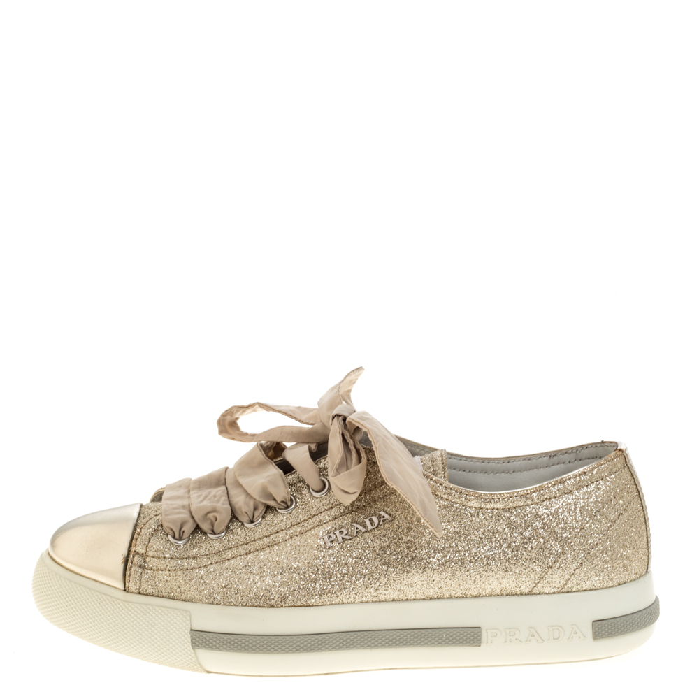 

Prada Sport Gold Glitter And Leather Cap Toe Low Top Sneakers Size