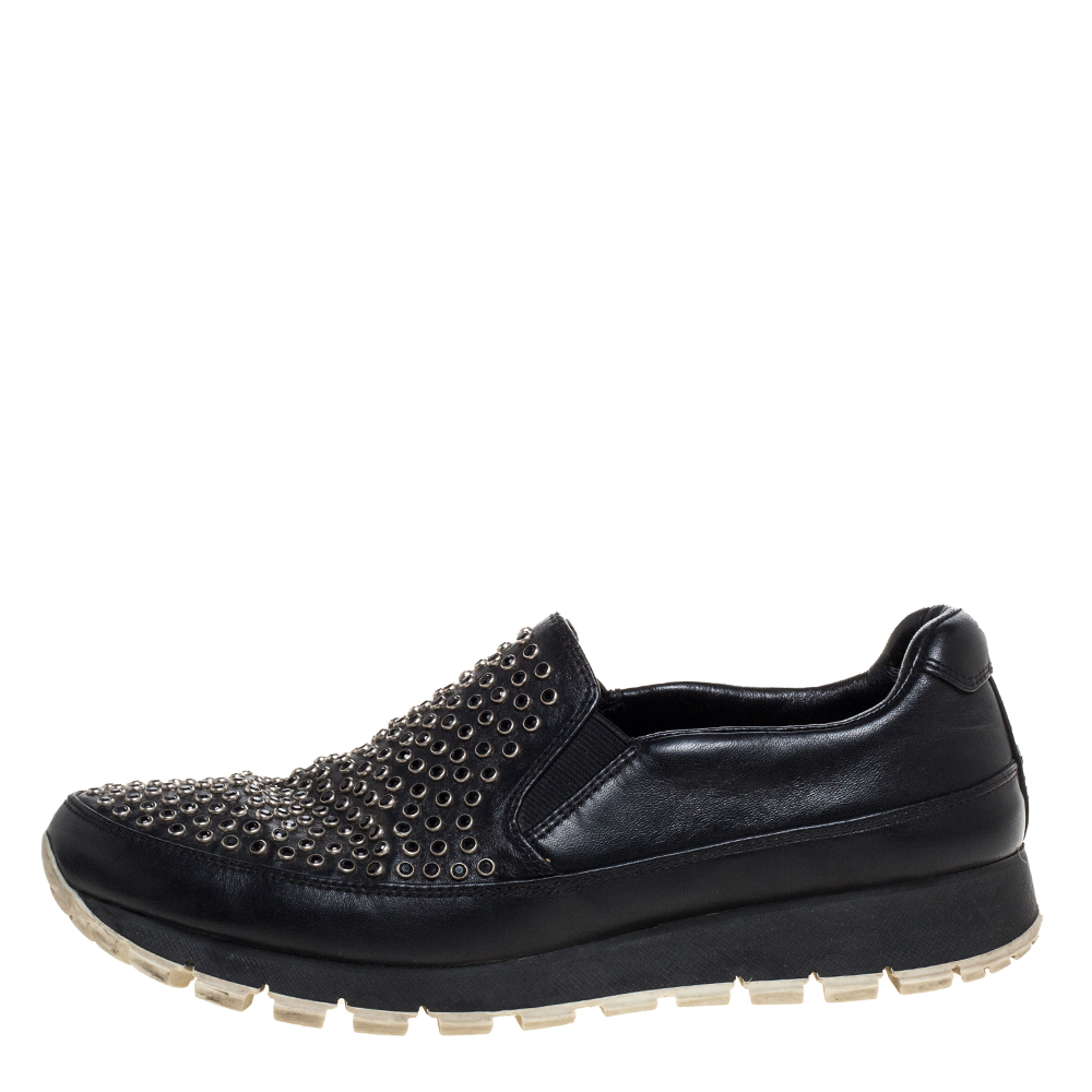 

Prada Sport Black Leather Studded Slip On Sneakers Size