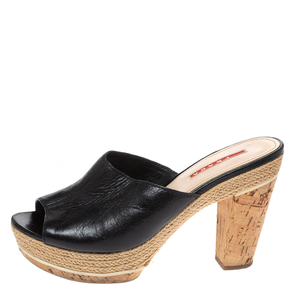 

Prada Sport Black Leather Espadrille Cork Heel Slide Platform Sandals Size