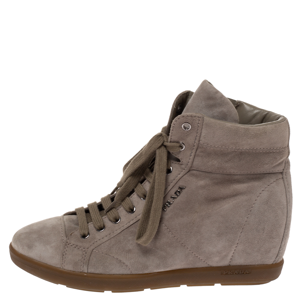

Prada Sport Grey Suede Leather Wedge High Top Sneakers Size