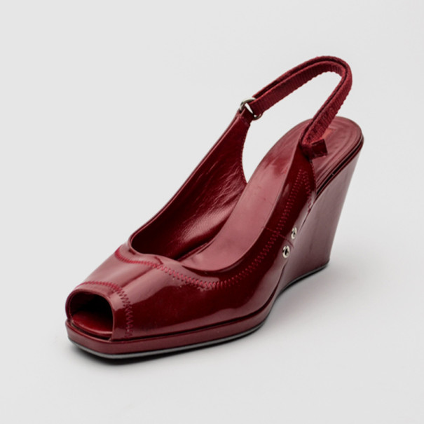 Prada Sport Red Patent Leather Slingback Wedges Size 38