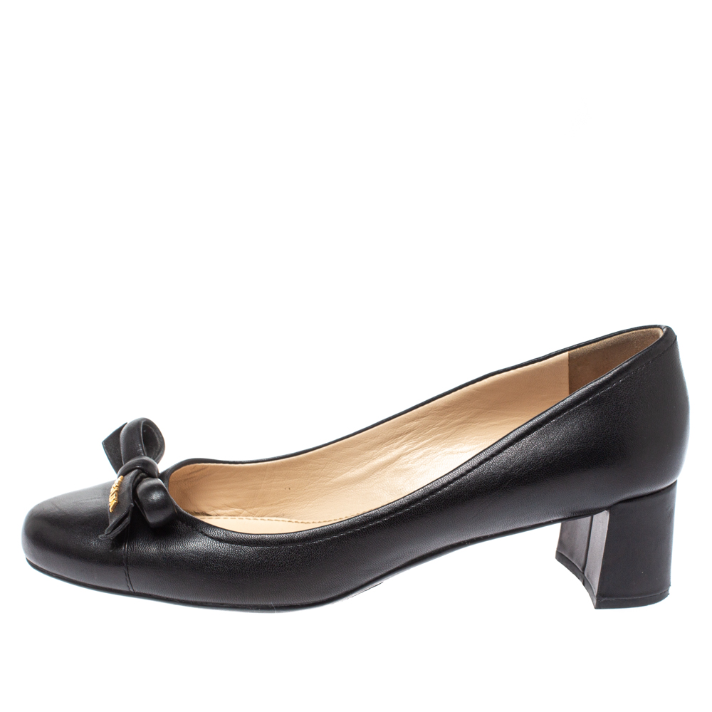 

Prada Sports Black Leather Bow Block Heel Round Toe Pumps Size