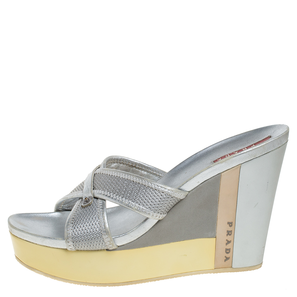 

Prada Sports Silver Mesh And Leather Trim Cross Strap Wedge Platform Sandals Size