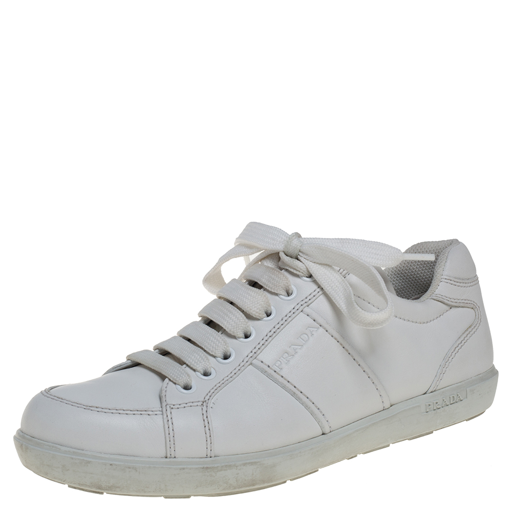 Pre-owned Prada White Leather Lace Up Sneakers Size 37.5