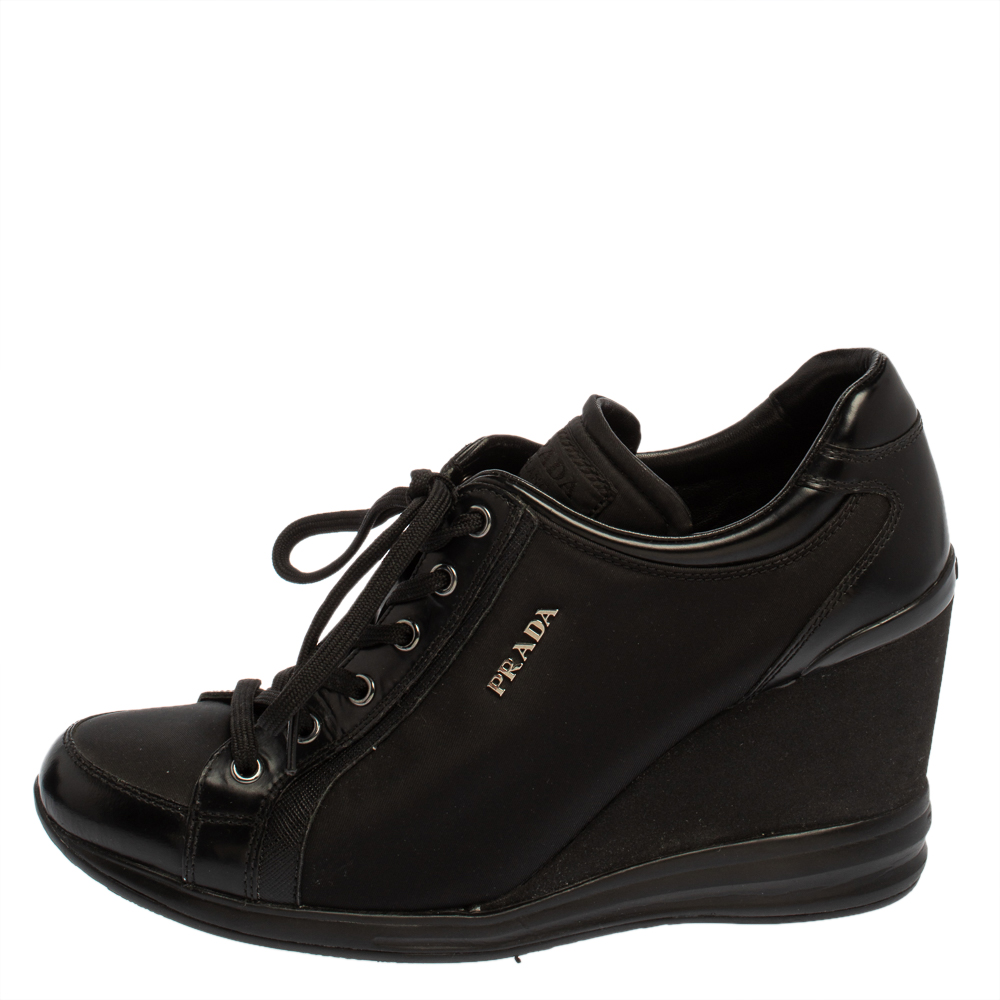 

Prada Sport Black Nylon And Leather Wedge Lace Up Sneakers Size