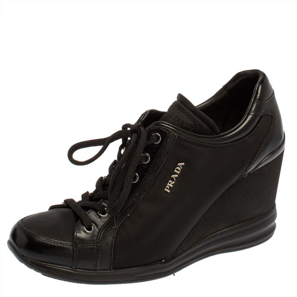 Pre-owned Prada Black Nylon And Leather Wedge Lace Up Sneakers Size 40