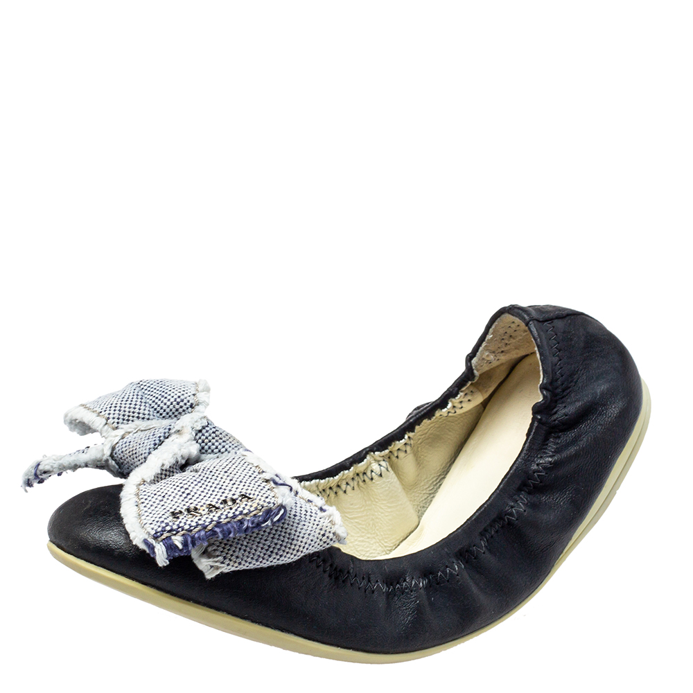 Pre-owned Prada Dark Blue Leather Bow Scrunch Ballet Flats Size 36
