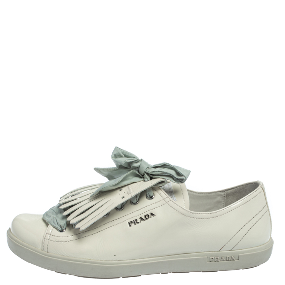 

Prada Sport Off White Patent Leather Fringe Detail Low Top Sneakers Size