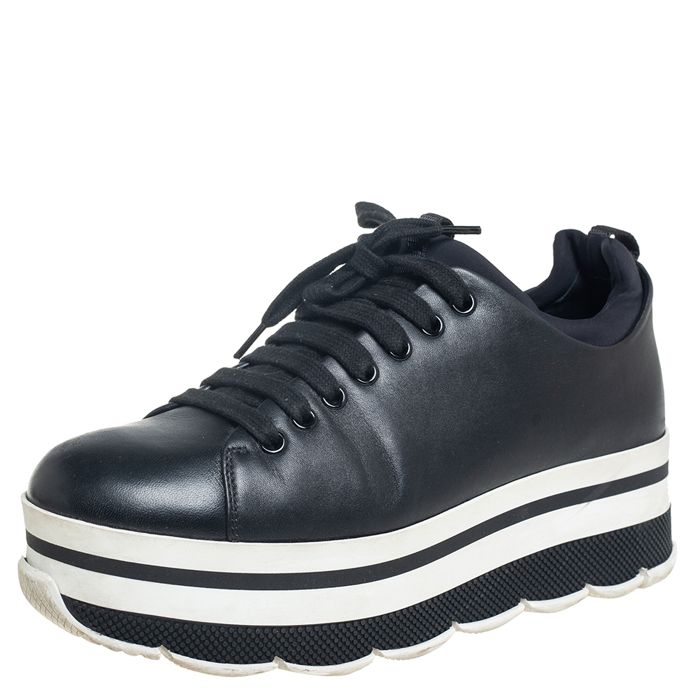 Pre-owned Prada Black Leather Platform Sneakers Size 38