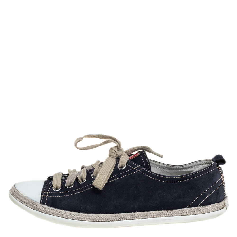 

Prada Sport Navy Blue Suede And Rubber Cap Toe Low Top Sneakers Size