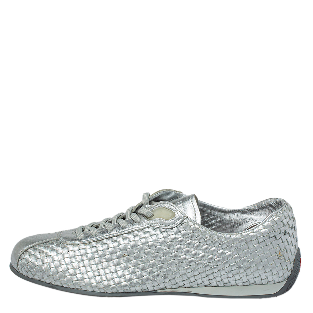 

Prada Sport Silver Woven Leather Low Top Sneakers Size