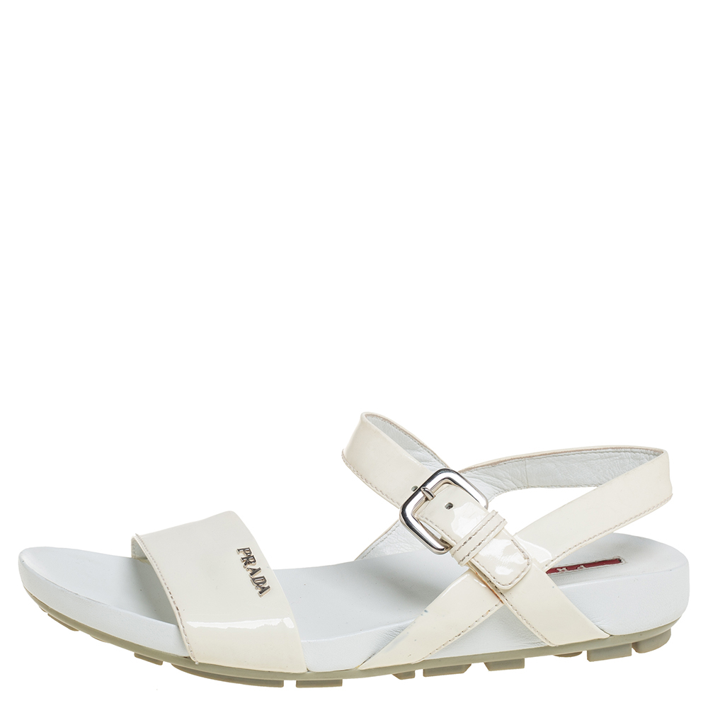 

Prada Sport Cream Patent Leather Flat Ankle Strap Sandals Size