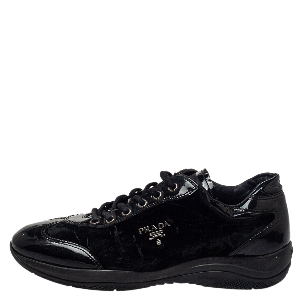 

Prada Sports Black Patent Leather And Velvet Low Top Sneakers Size