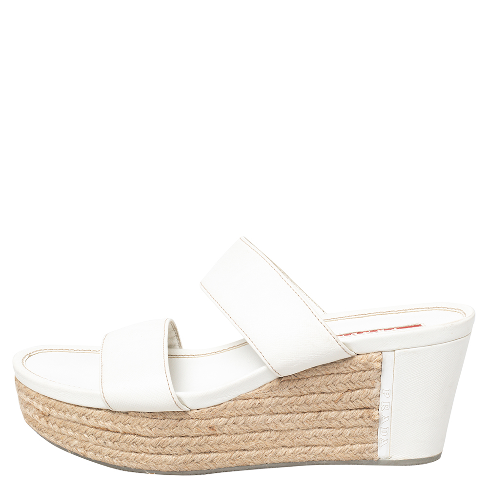 

Prada Sport White Leather Espadrille Platform Slide Sandals Size