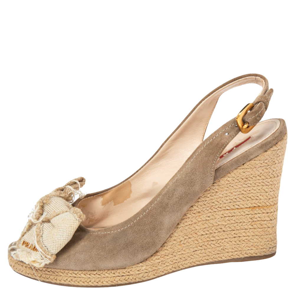 

Prada Sport Beige Suede and Canvas Bow Peep Toe Espadrille Wedge Sandals Size