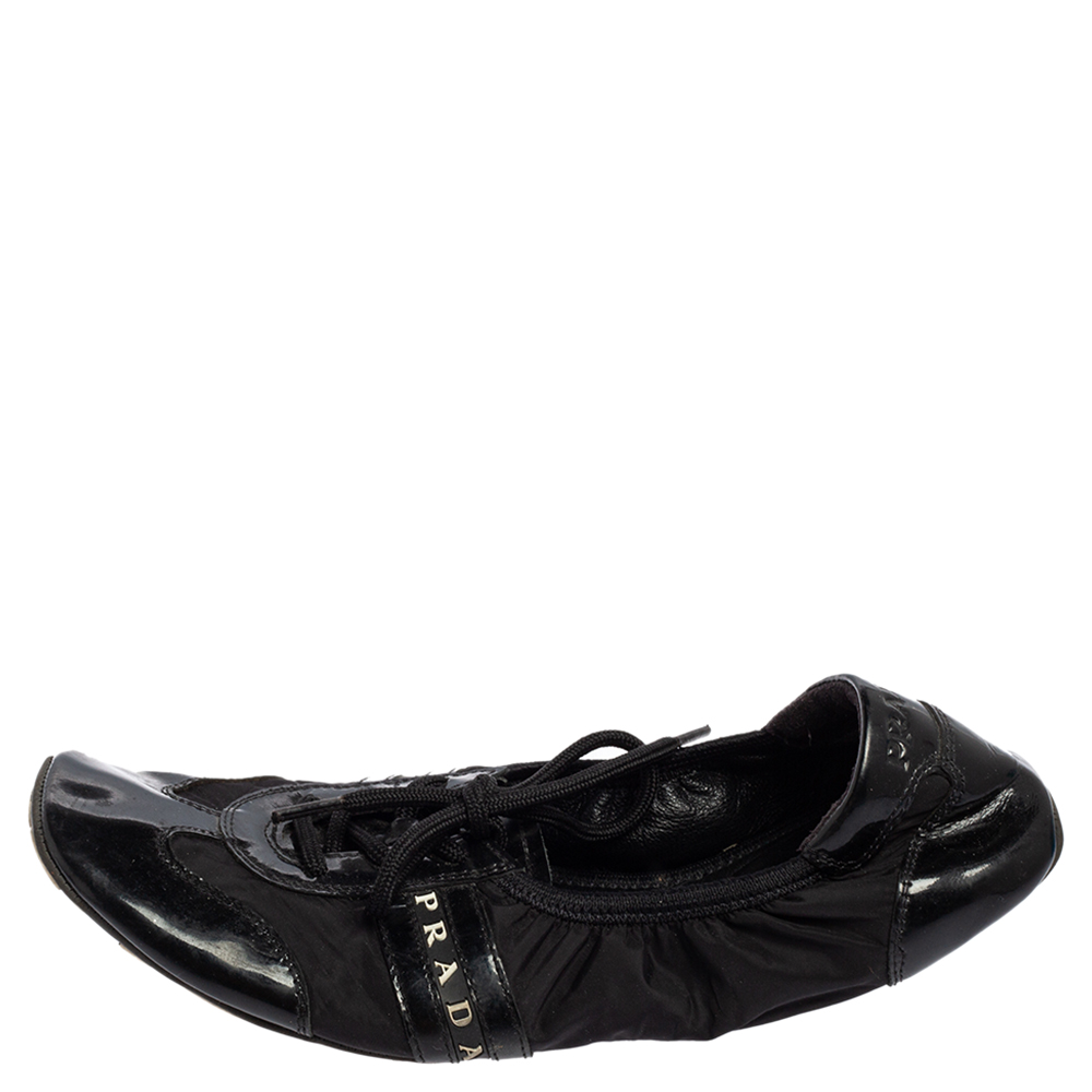 

Prada Sport Black Patent Leather and Nylon Scrunch Lace Up Ballet Flats Size