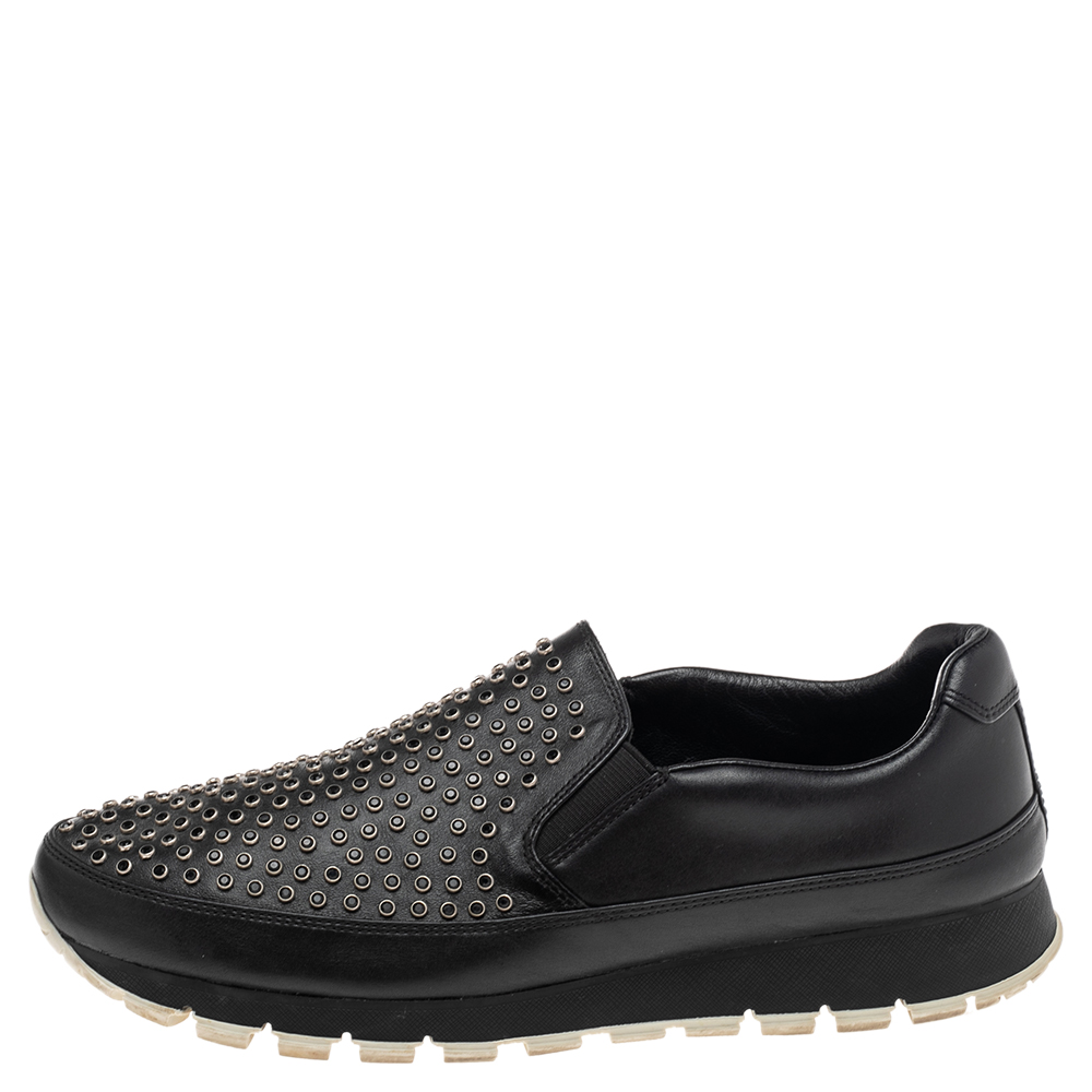 

Prada Sport Black Leather Embellished Slip On Sneakers Size