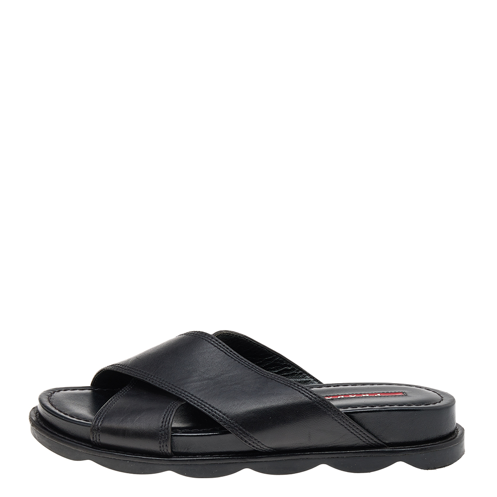 

Prada Sport Black Leather Criss Cross Flat Slides Size