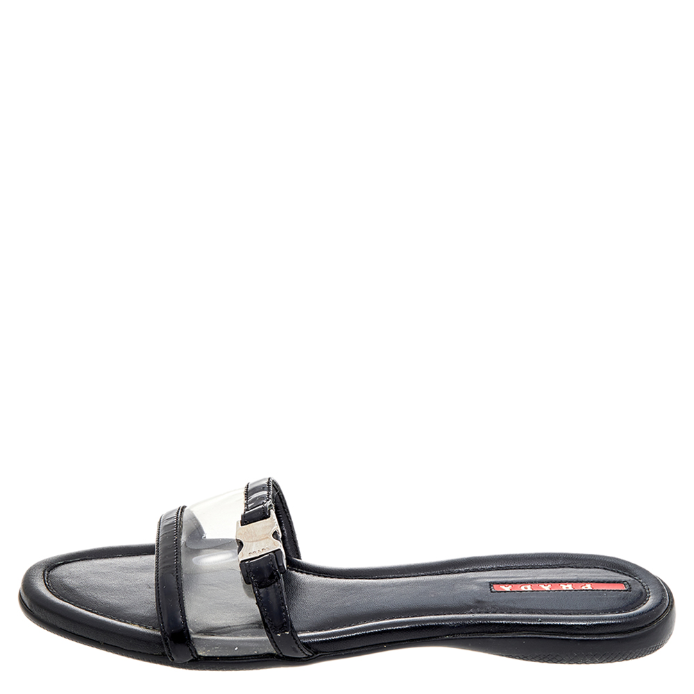 

Prada Sport Black Patent Leather And PVC Open Toe Flat Slides Size