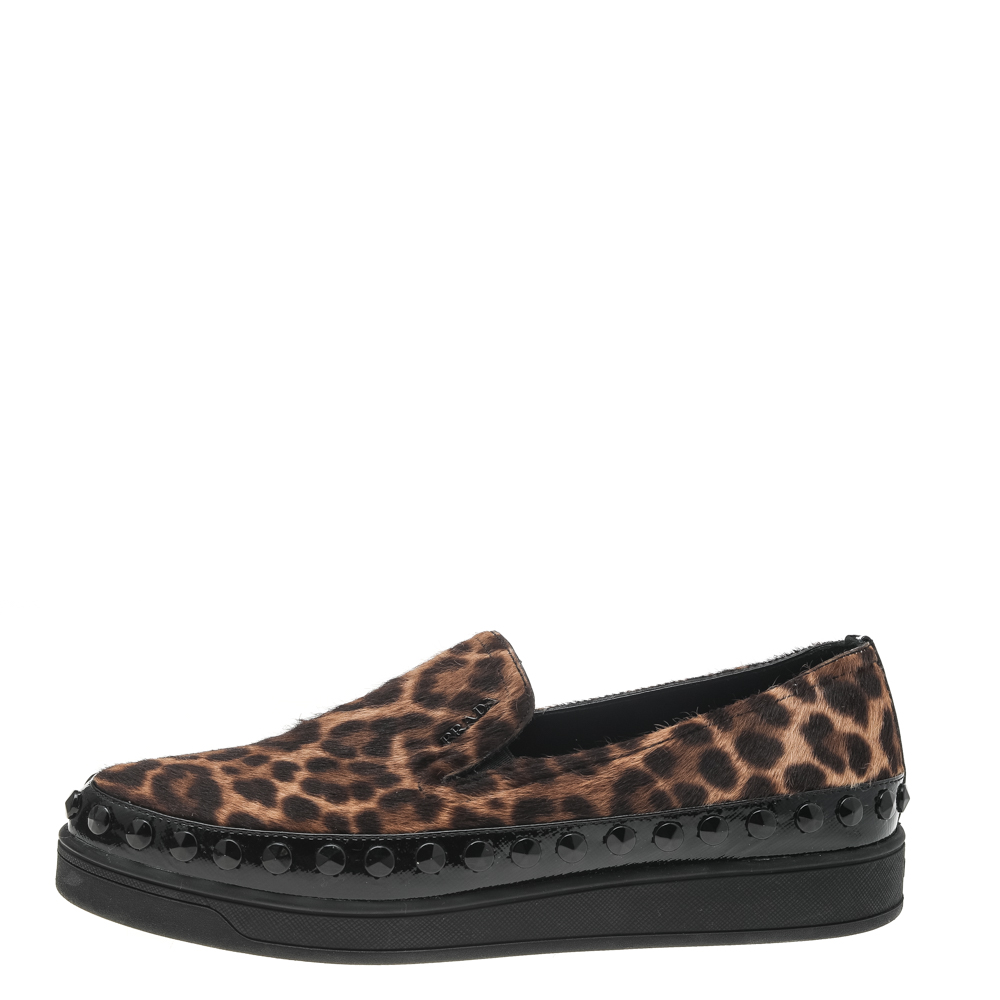

Prada Sport Brown/Black Leopard Print Calf Hair And Patent Leather Embellished Slip On Sneakers Size