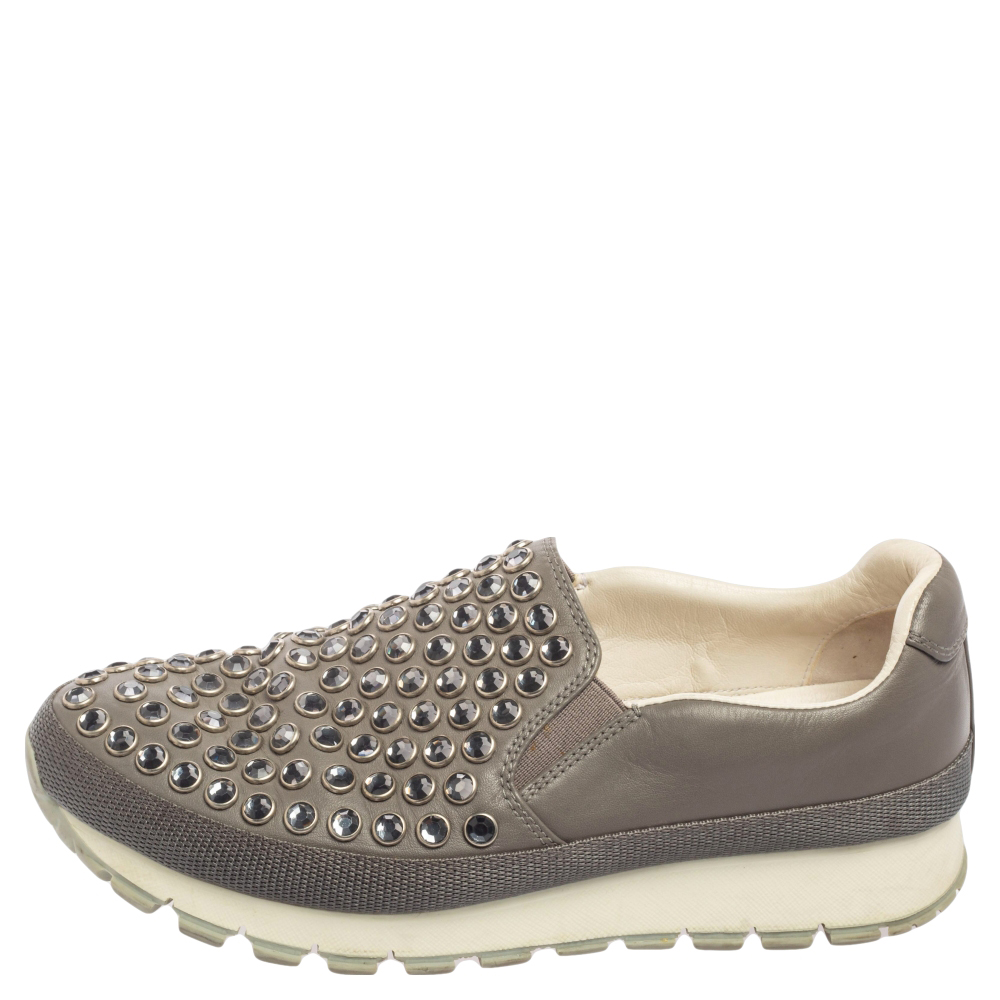 

Prada Sport Grey Leather And Canvas Slip On Sneakers Size
