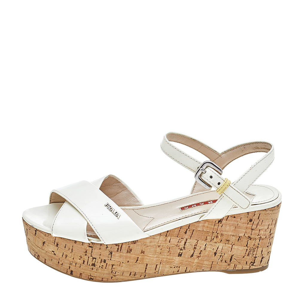 

Prada Cream Patent Leather Cork Wedge Platform Sandals Size