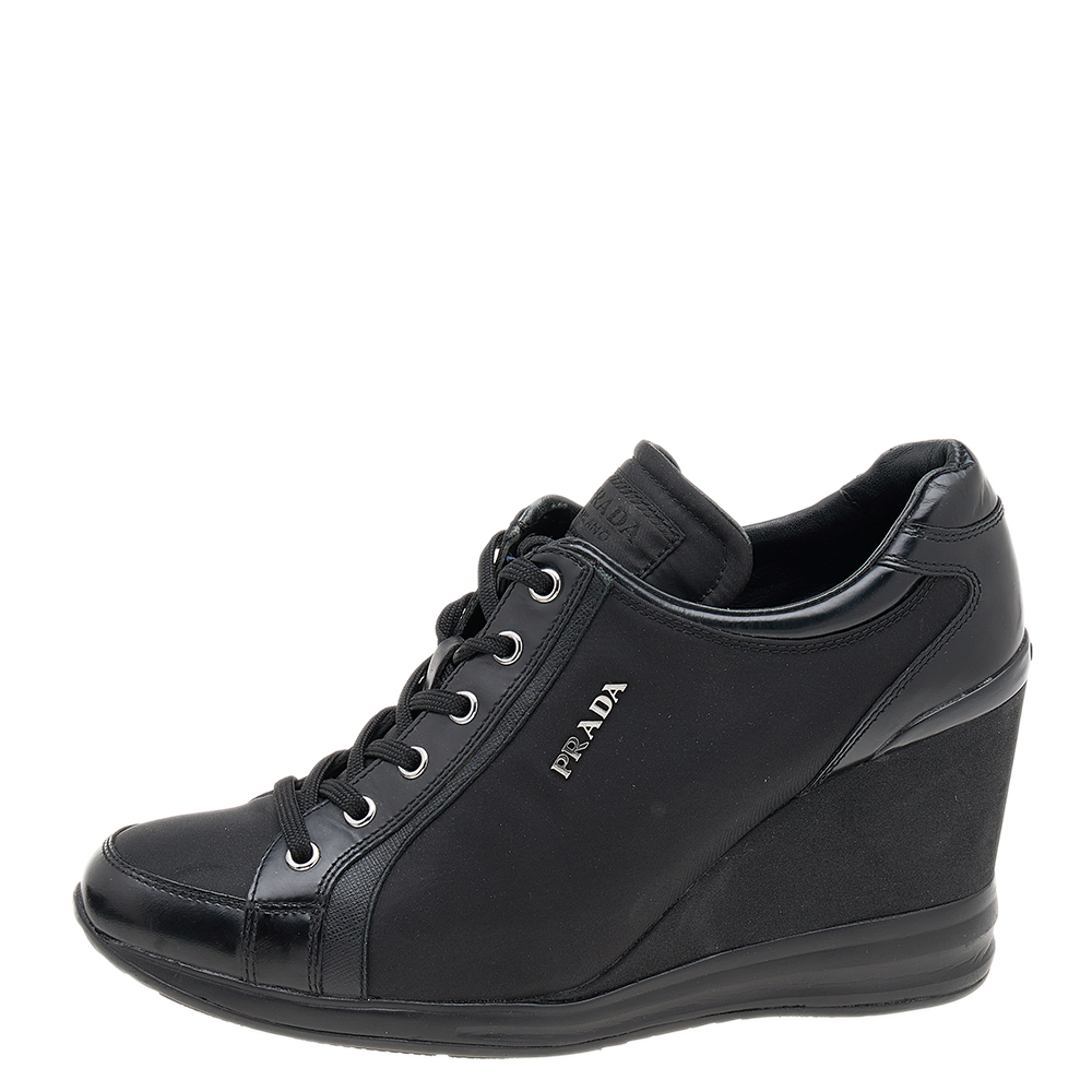 

Prada Sport Black Leather And Nylon Lace Up Wedge Sneakers Size