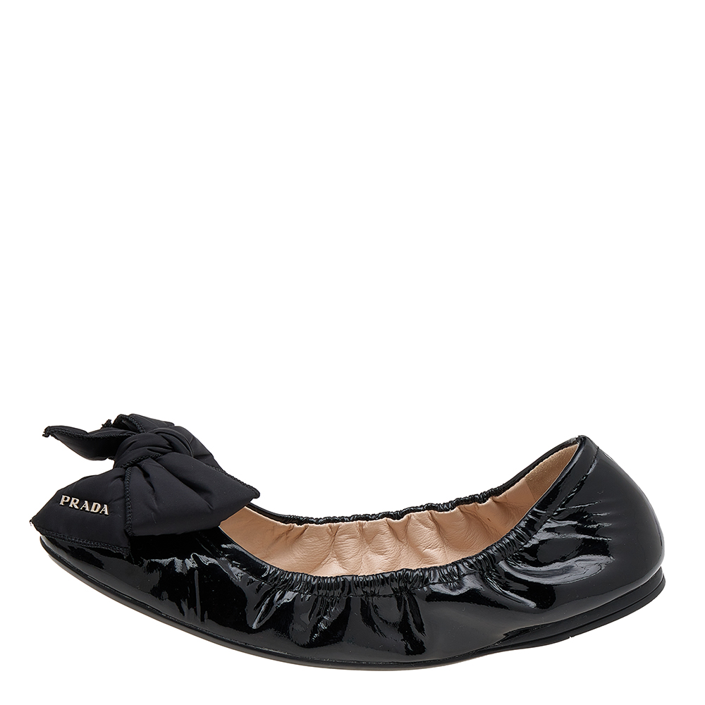 

Prada Sport Black Patent Leather Bow Logo Scrunch Ballet Flats Size
