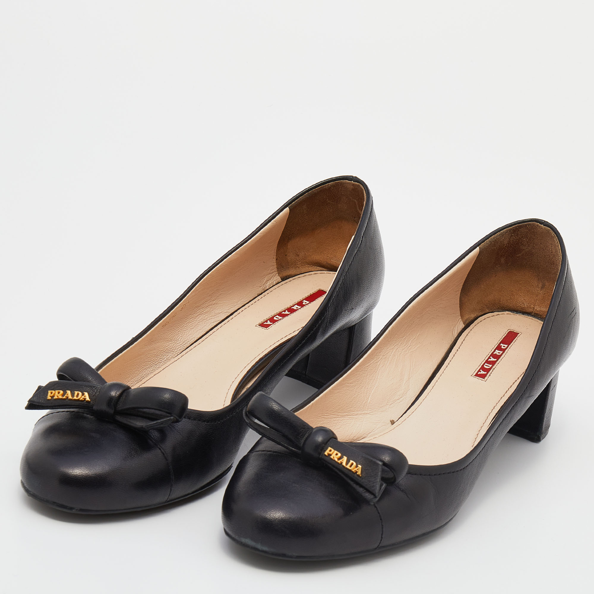 

Prada Sports Black Leather Bow Cap Toe Block Heel Pumps Size