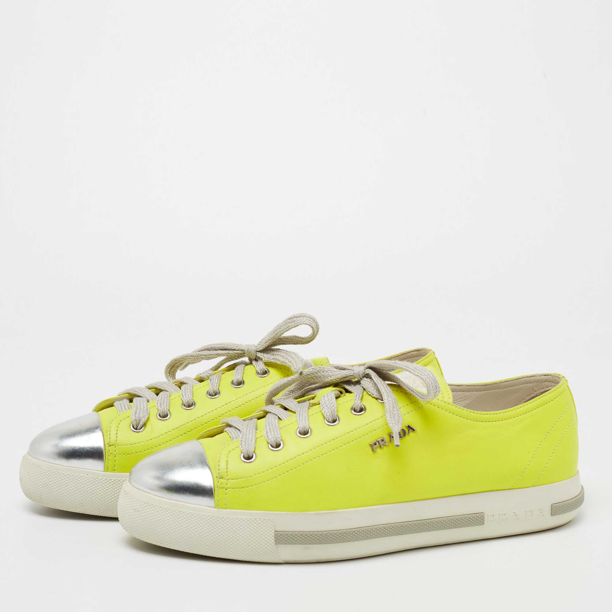 

Prada Sport Neon Yellow/Silver Leather Cap Toe Low Top Sneakers Size