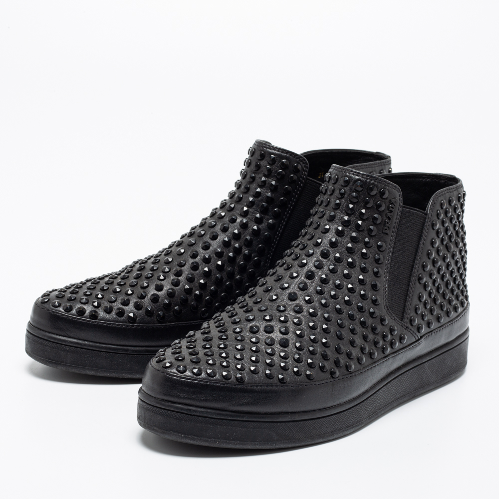 

Prada Sport Black Leather Spikes Embellished Slip-On Sneakers Size