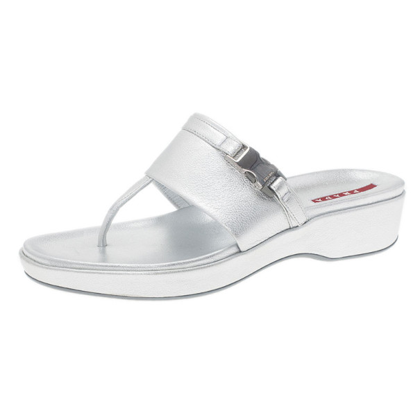 Pre Owned Prada Sport Silver Metallic Leather Thong Sandals Size 39
