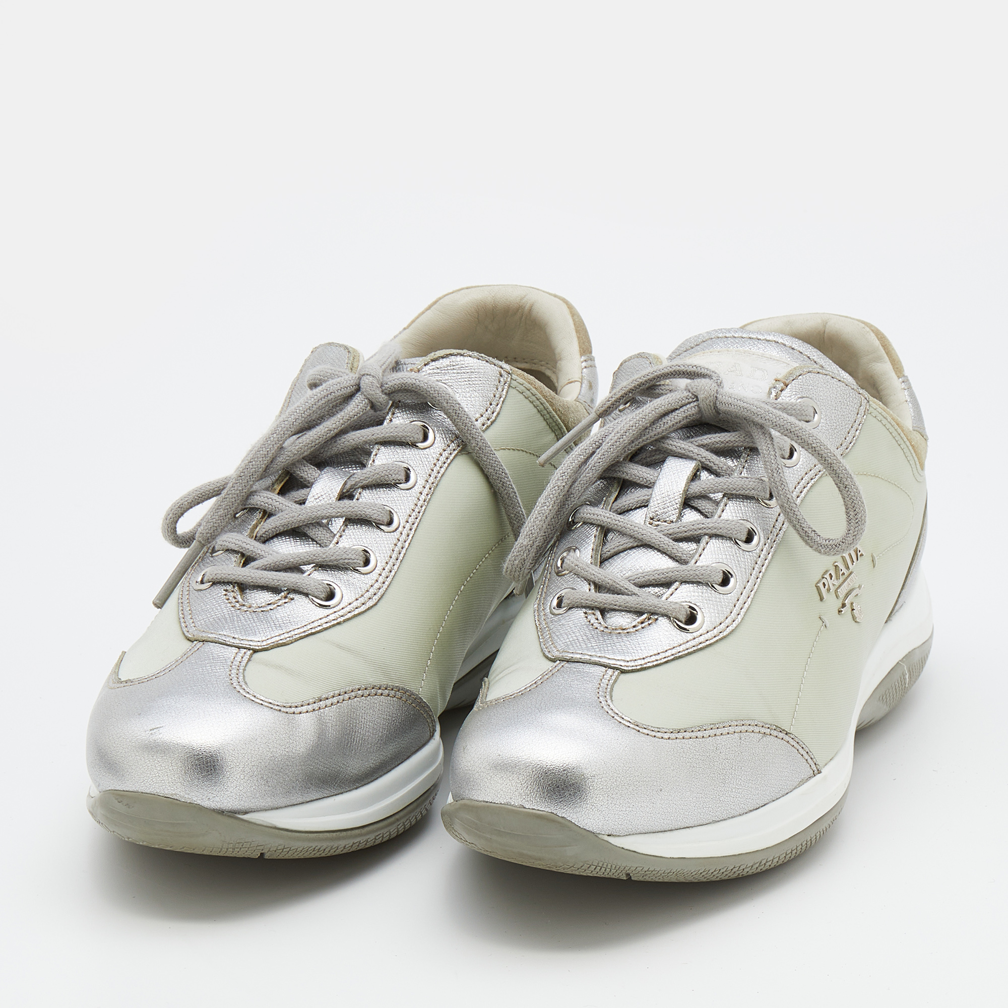 

Prada Sport Silver/Grey Leather And Nylon Low Top Sneakers Size