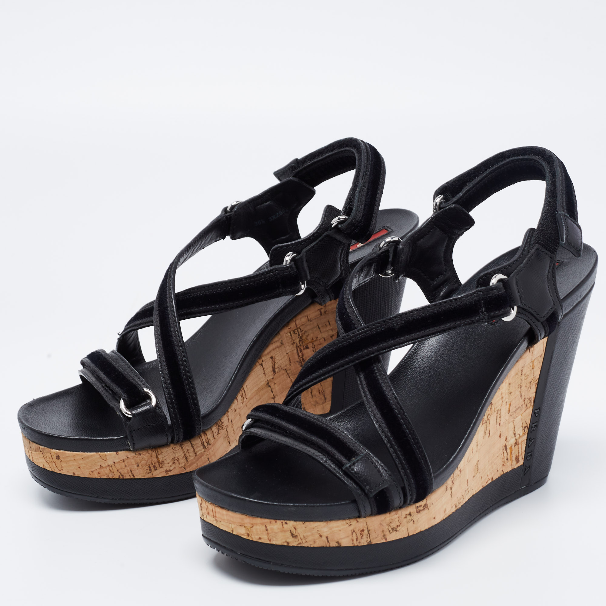 

Prada Sport Black Leather and Velvet Cork Platform Wedge Sandals Size