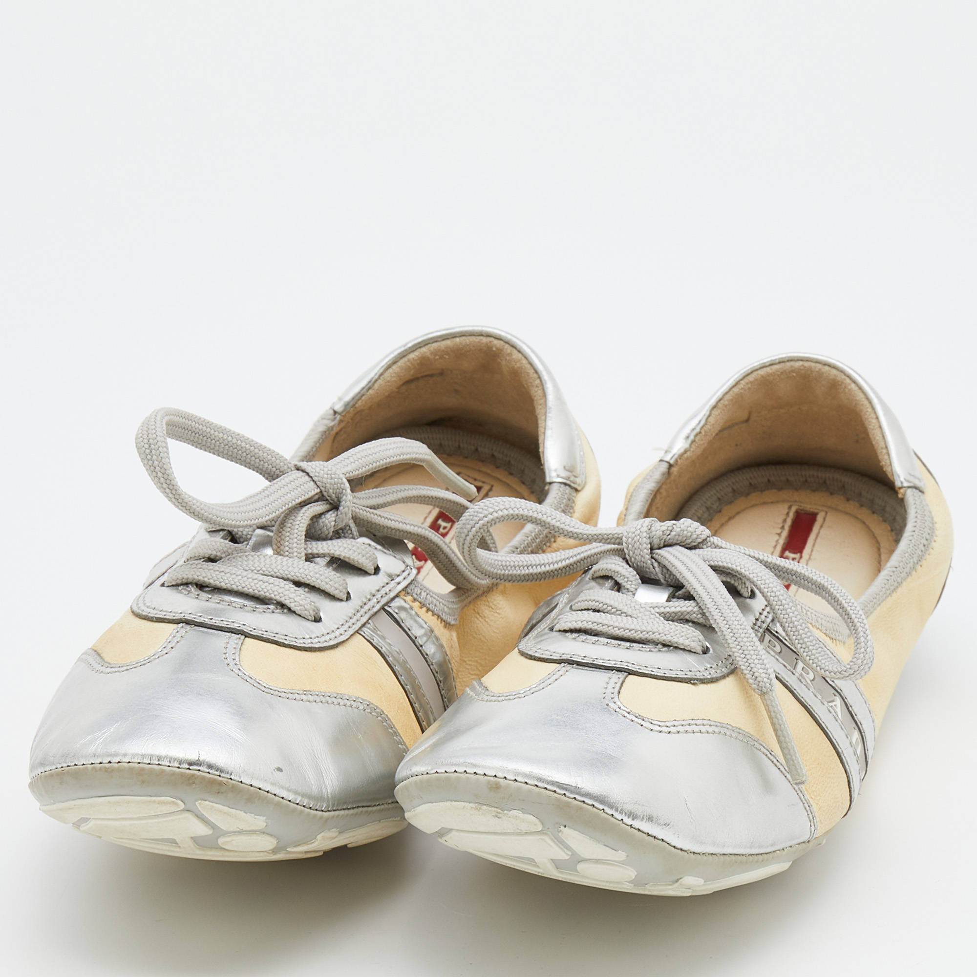 

Prada Sport Silver/Cream Leather Scrunch Lace Up Ballet Flats Size