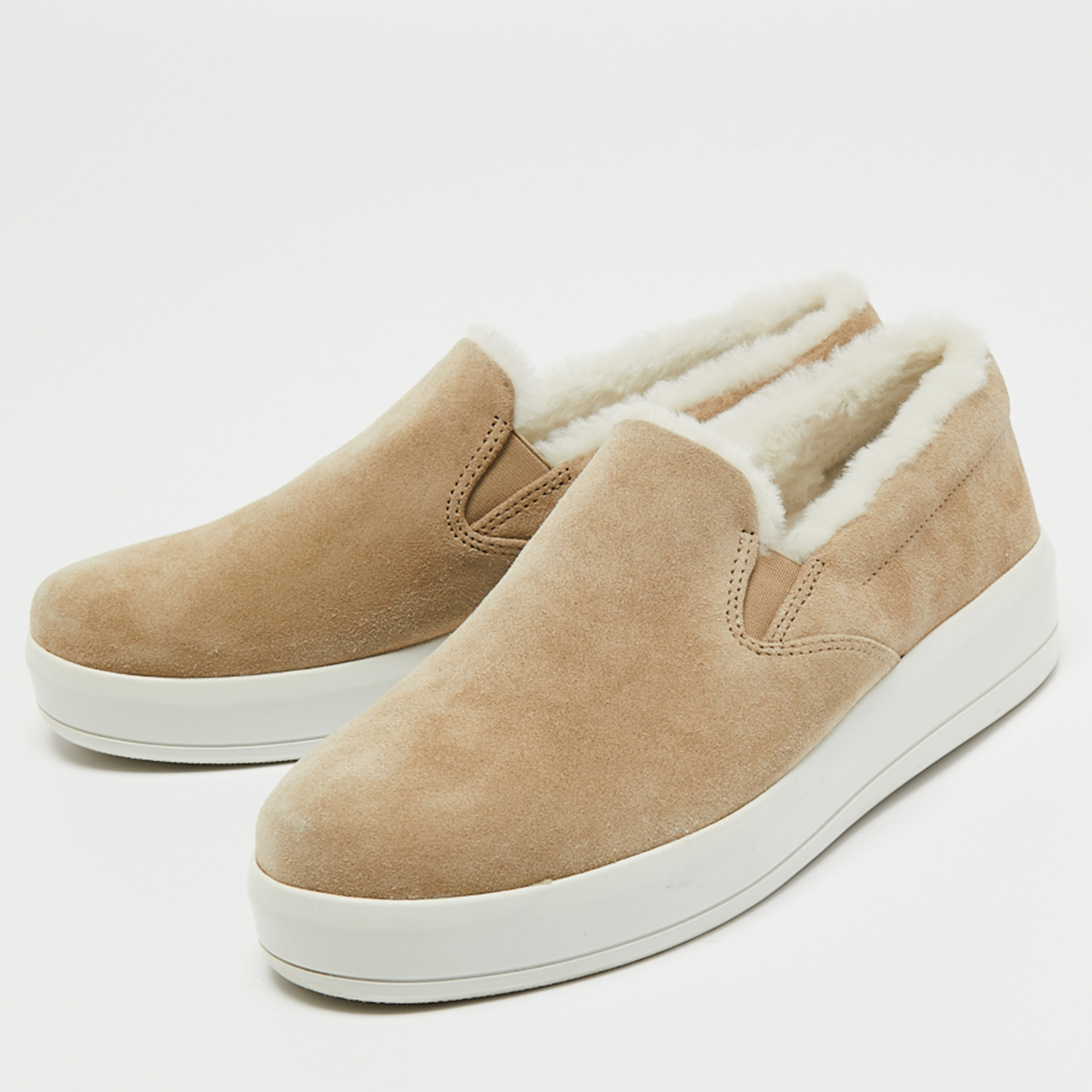 

Prada Sport Beige/White Suede and Shearling slip-on Sneakers Size