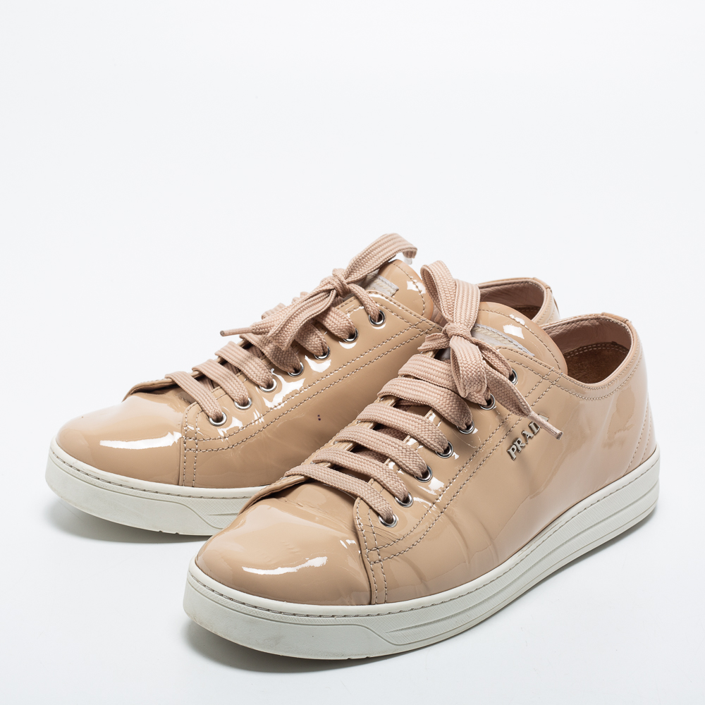 

Prada Sport Beige Patent Leather Lace Up Sneakers Size