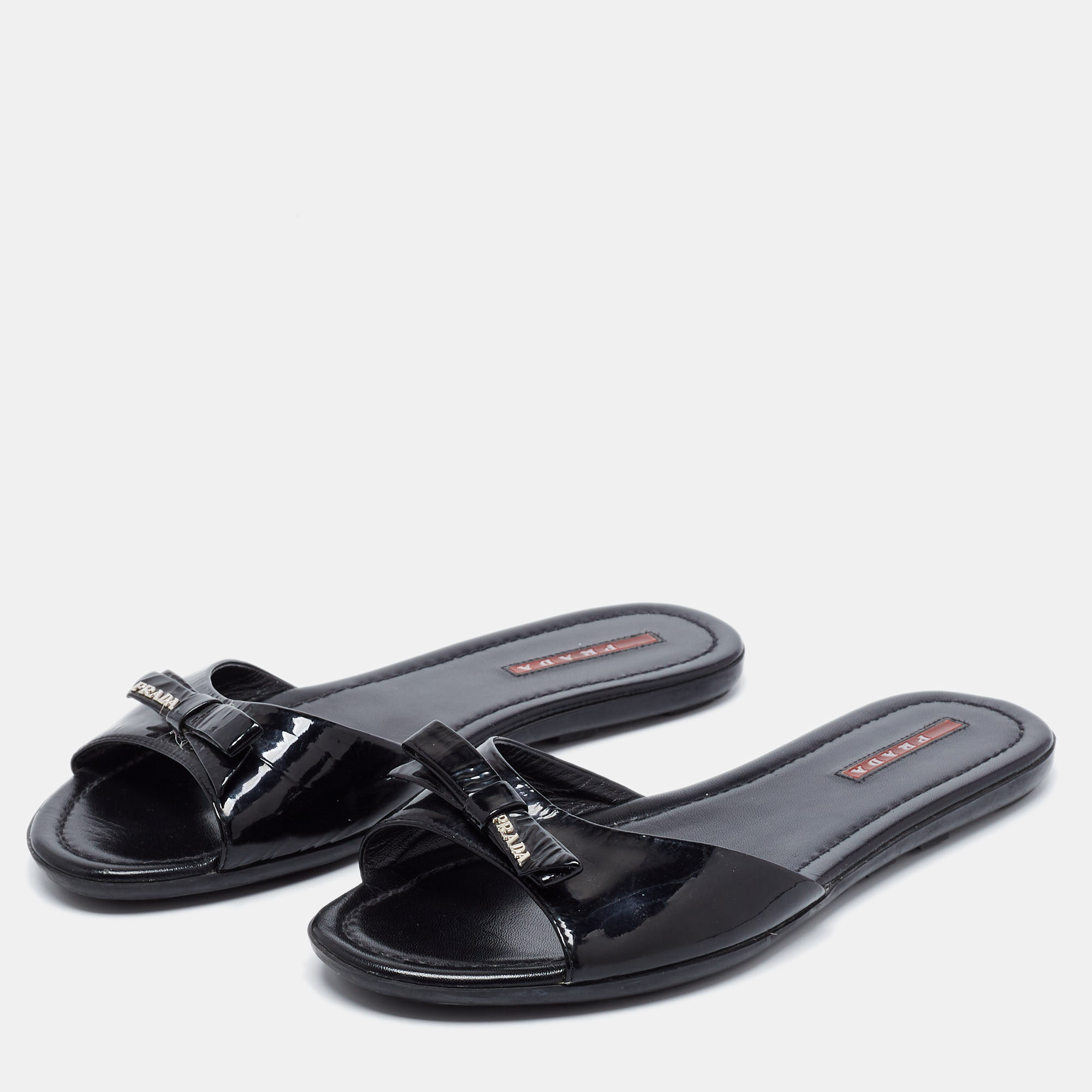 

Prada Sport Black Patent Leather Bow Flat Slides Size