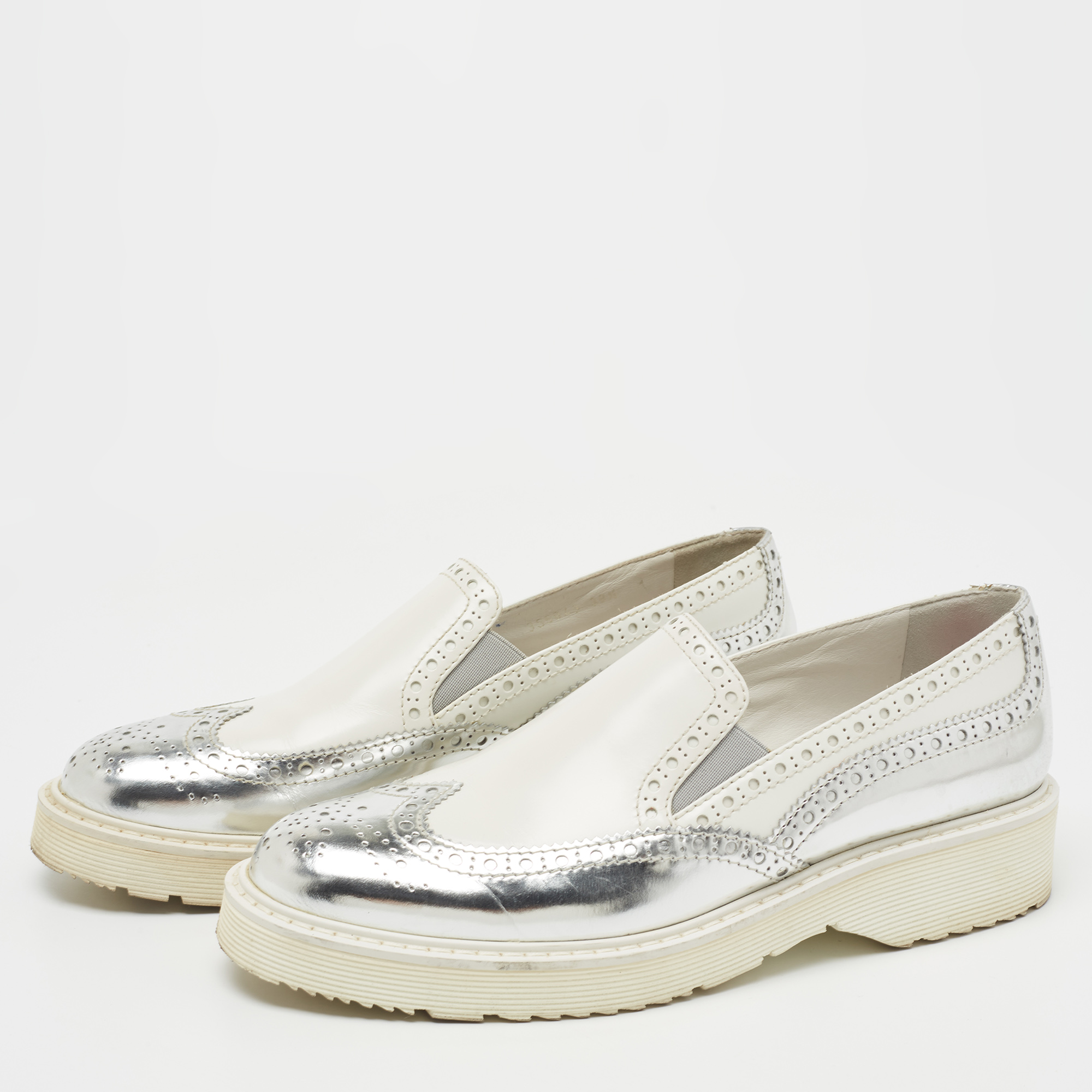 

Prada Sport White/Silver Brogue Leather Slip On Sneakers Size