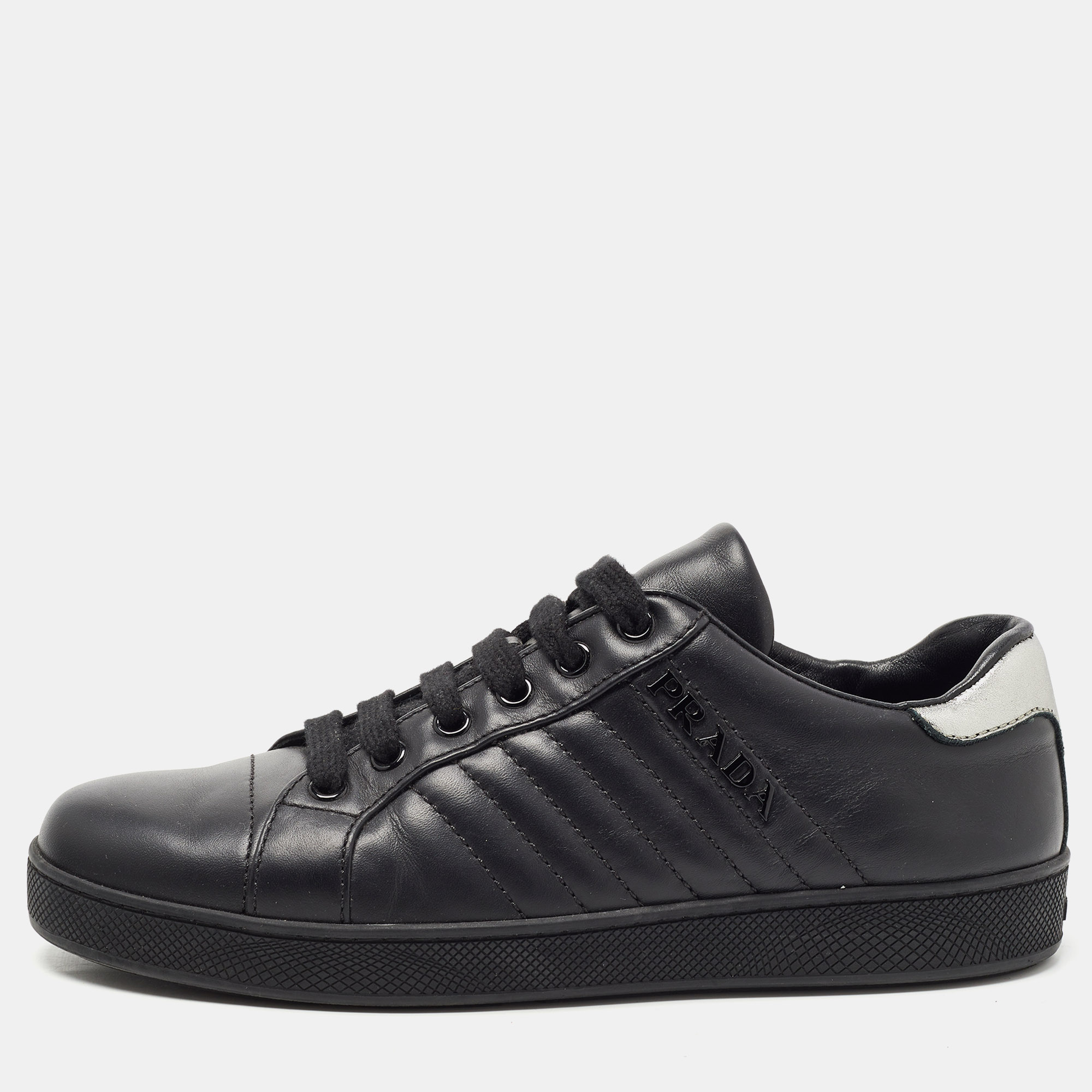 Pre Owned Prada Sport Black/Silver Leather Low Top Sneakers Size 37.5