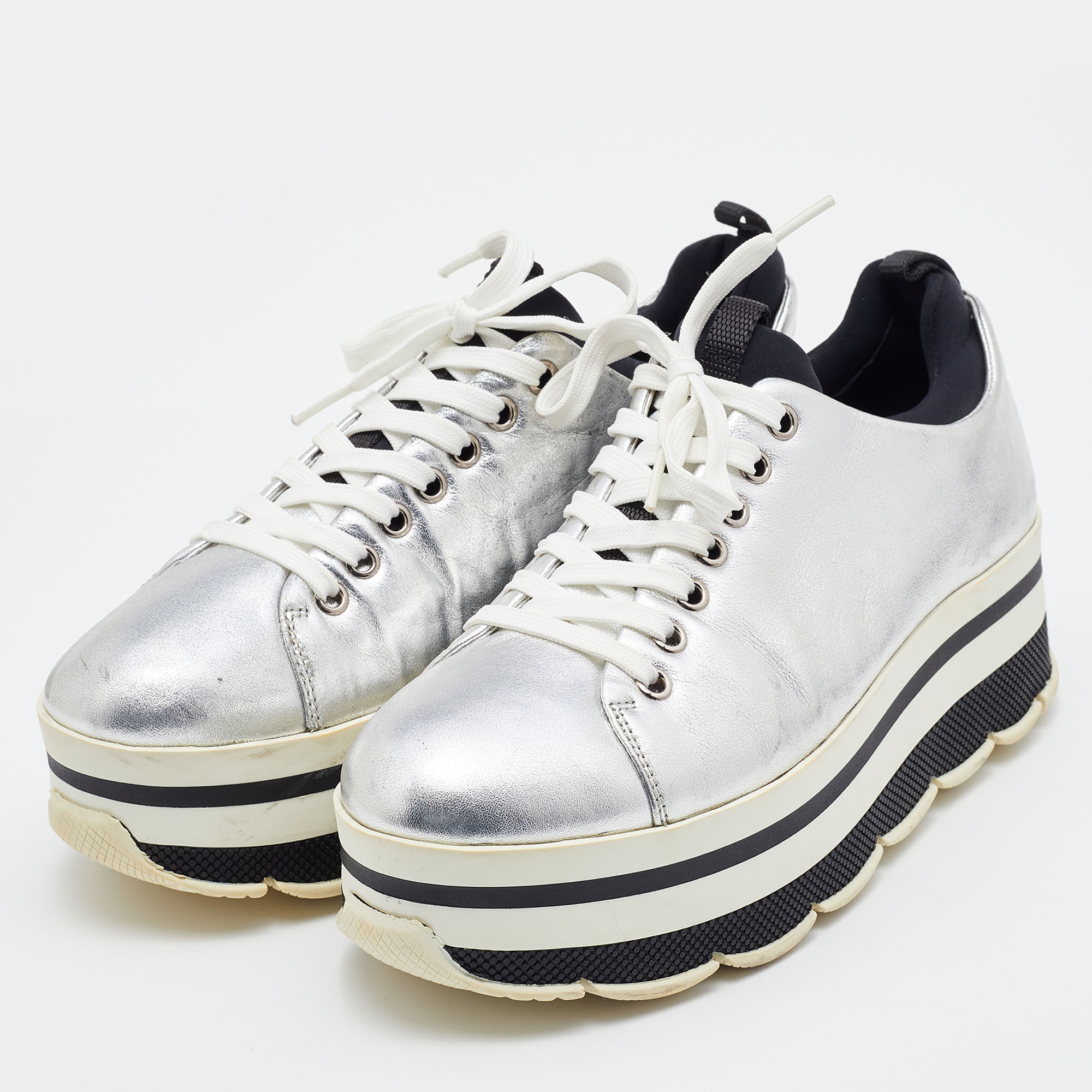 

Prada Sport Silver Leather Lace Up Platform Sneakers Size