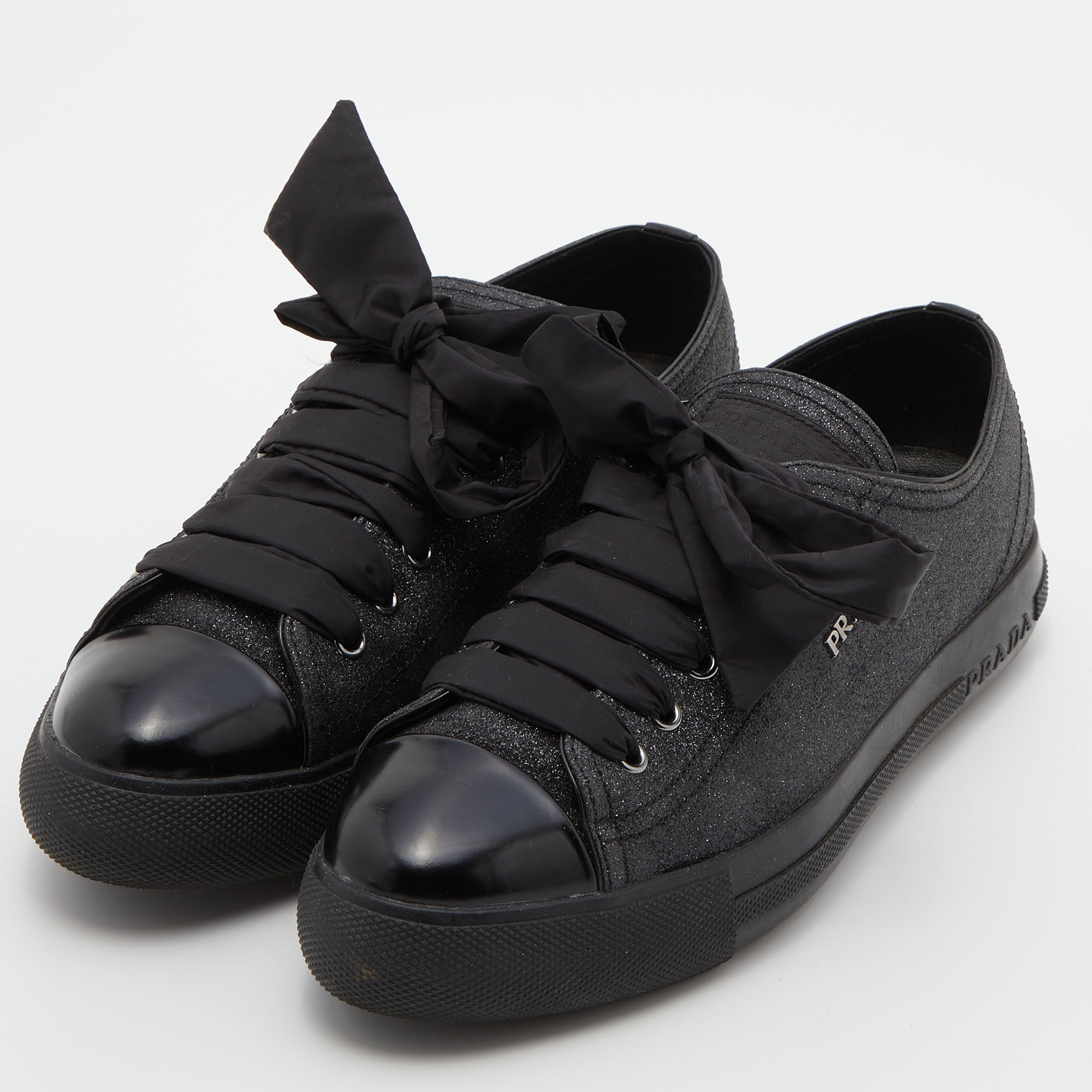 

Prada Sport Black Glitter and Leather Logo Low Top Sneakers Size