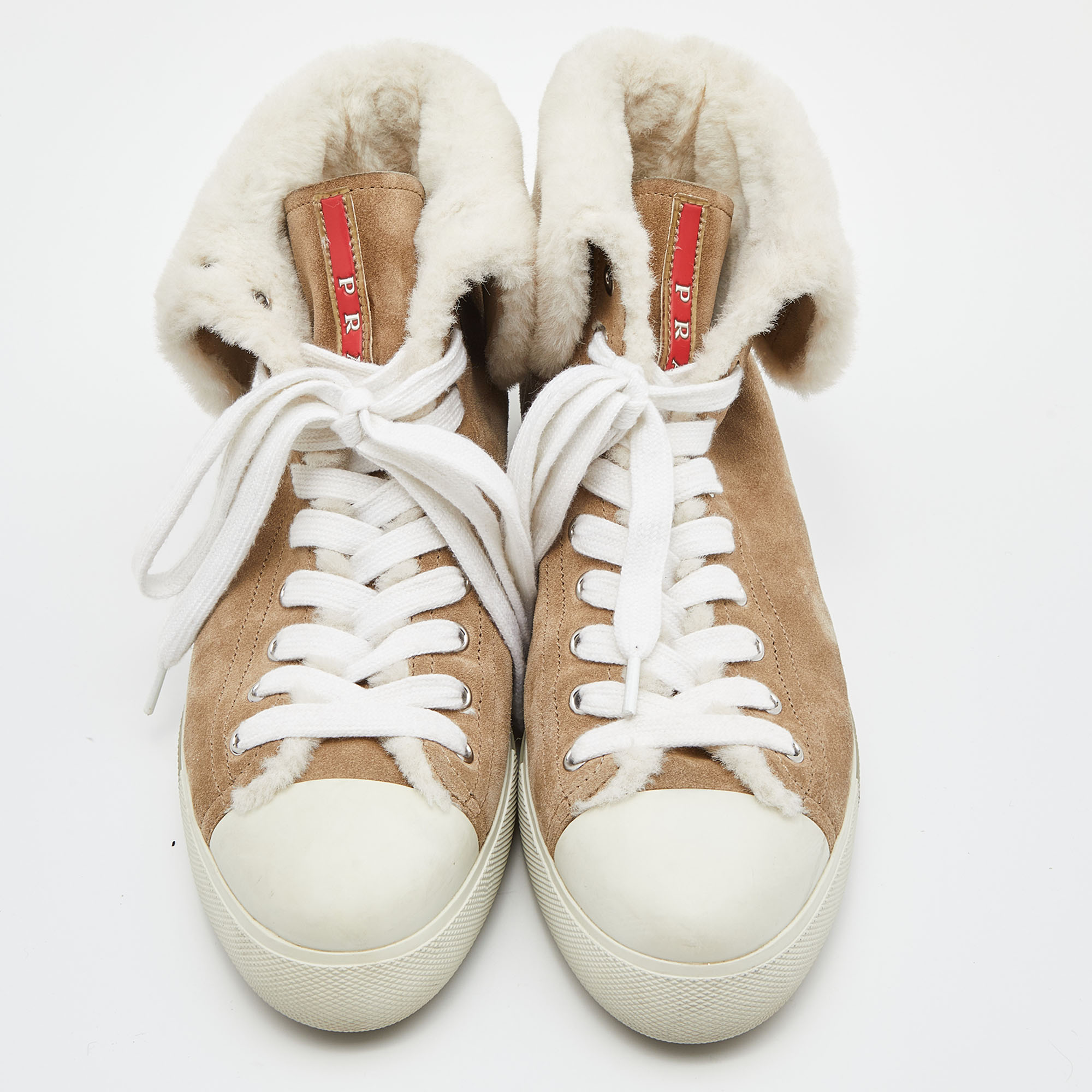 

Prada Sport Beige Suede and Fur High Top Sneakers Size