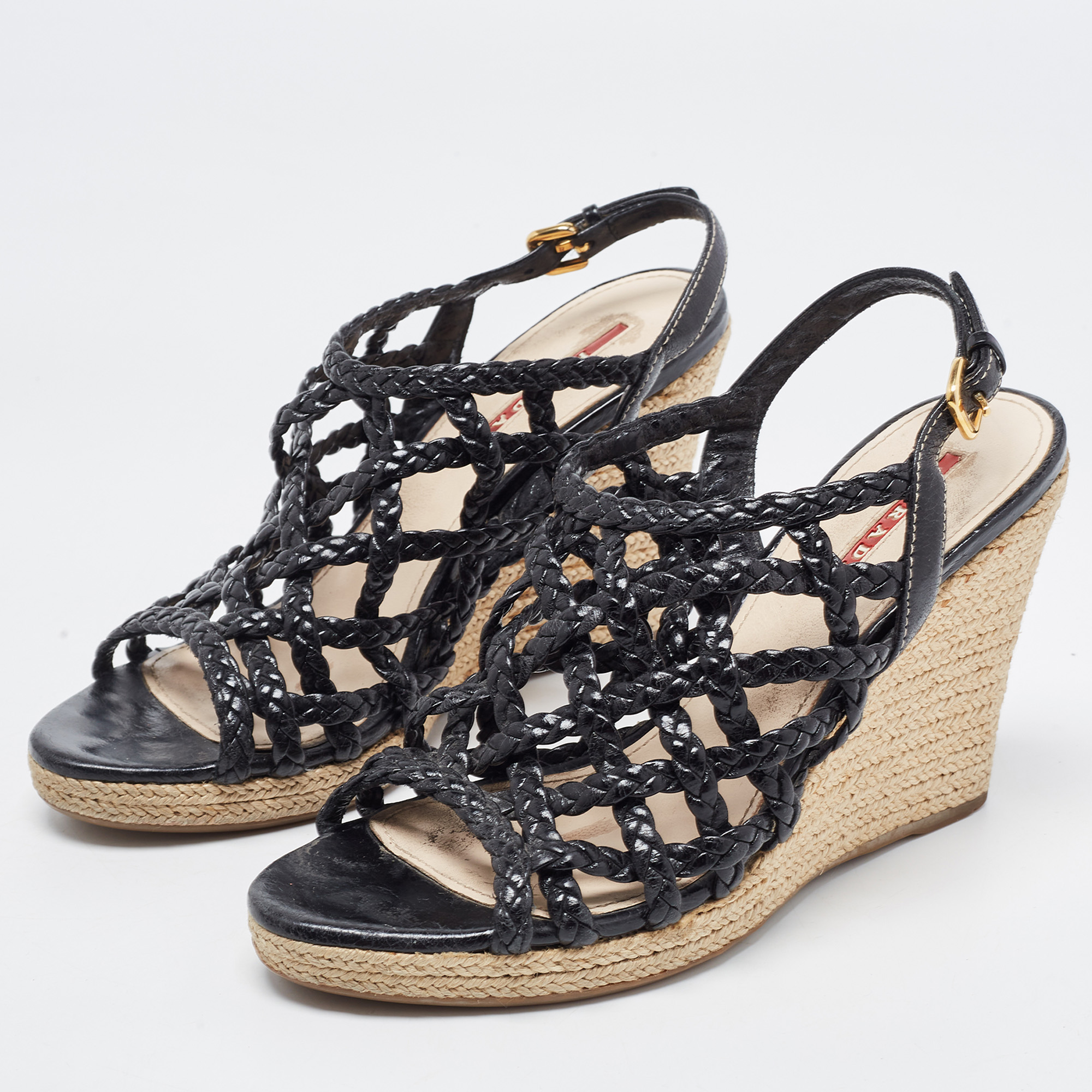 

Prada Sport Black Braided Leather Espadrille Wedge Sandals Size