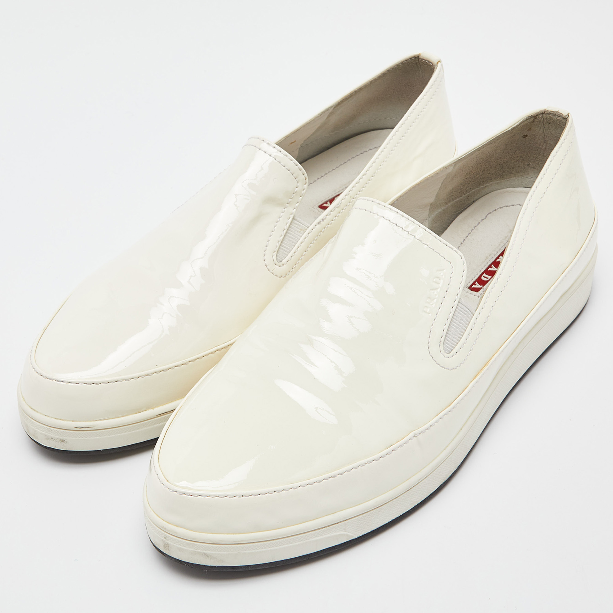 

Prada Sport Off White Patent Leather Slip On Sneakers Size
