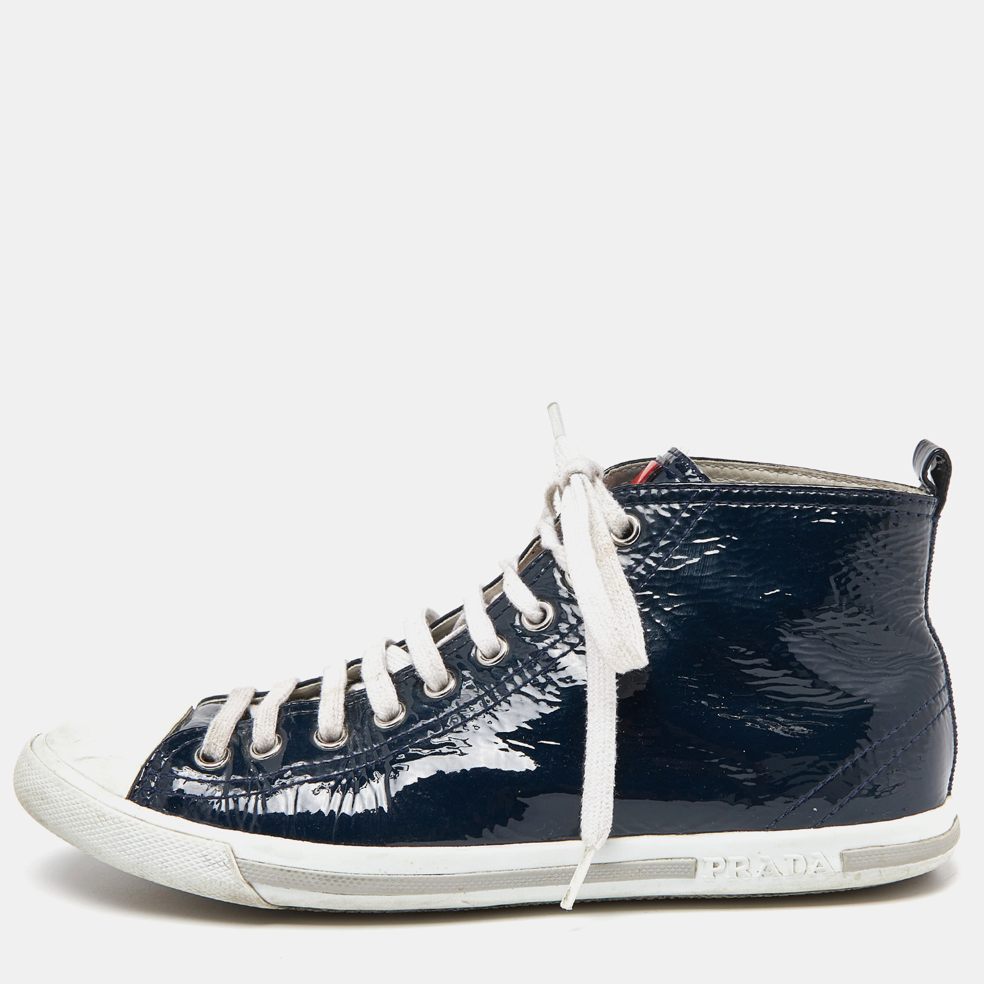 Pre-owned Prada Navy Blue/white Patent Leather And Rubber High Top Trainers Size 37