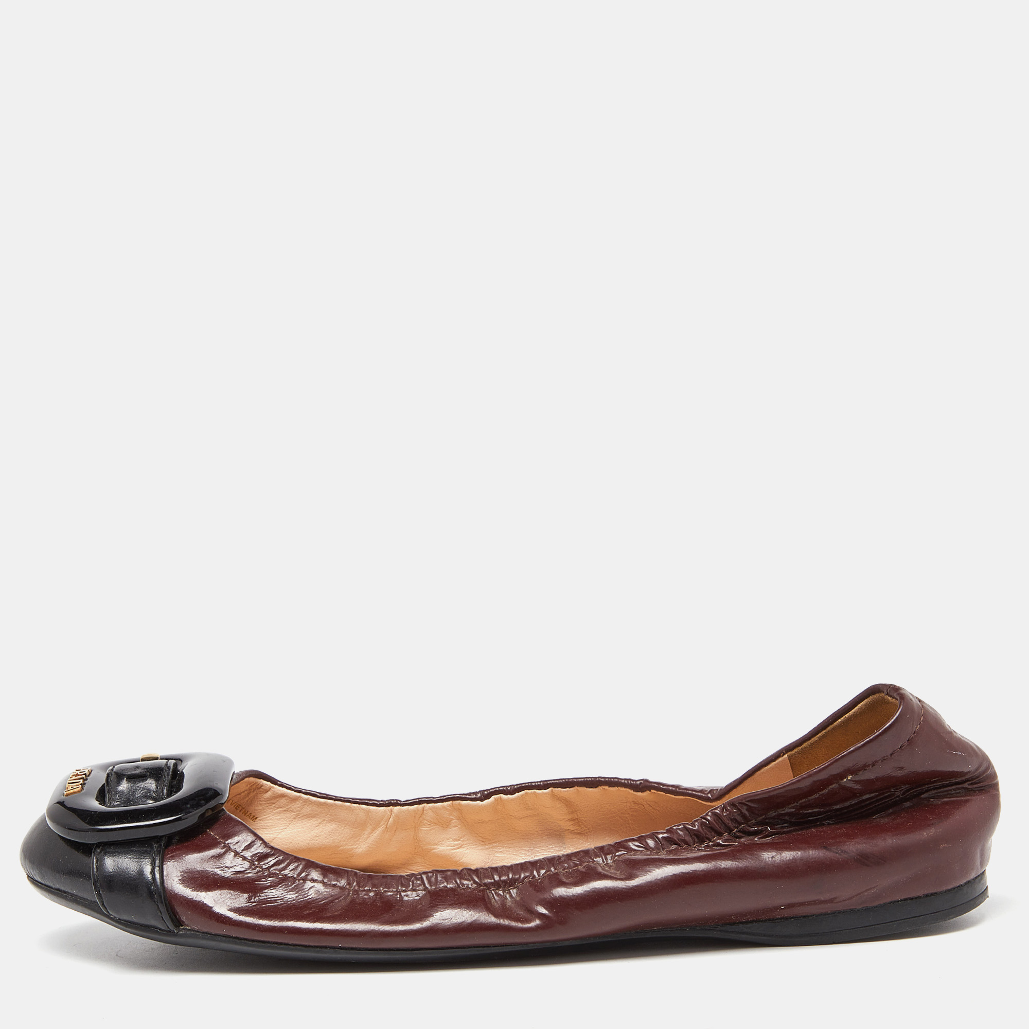 Pre-owned Prada Brown/black Patent Leather Ballet Flats Size 38