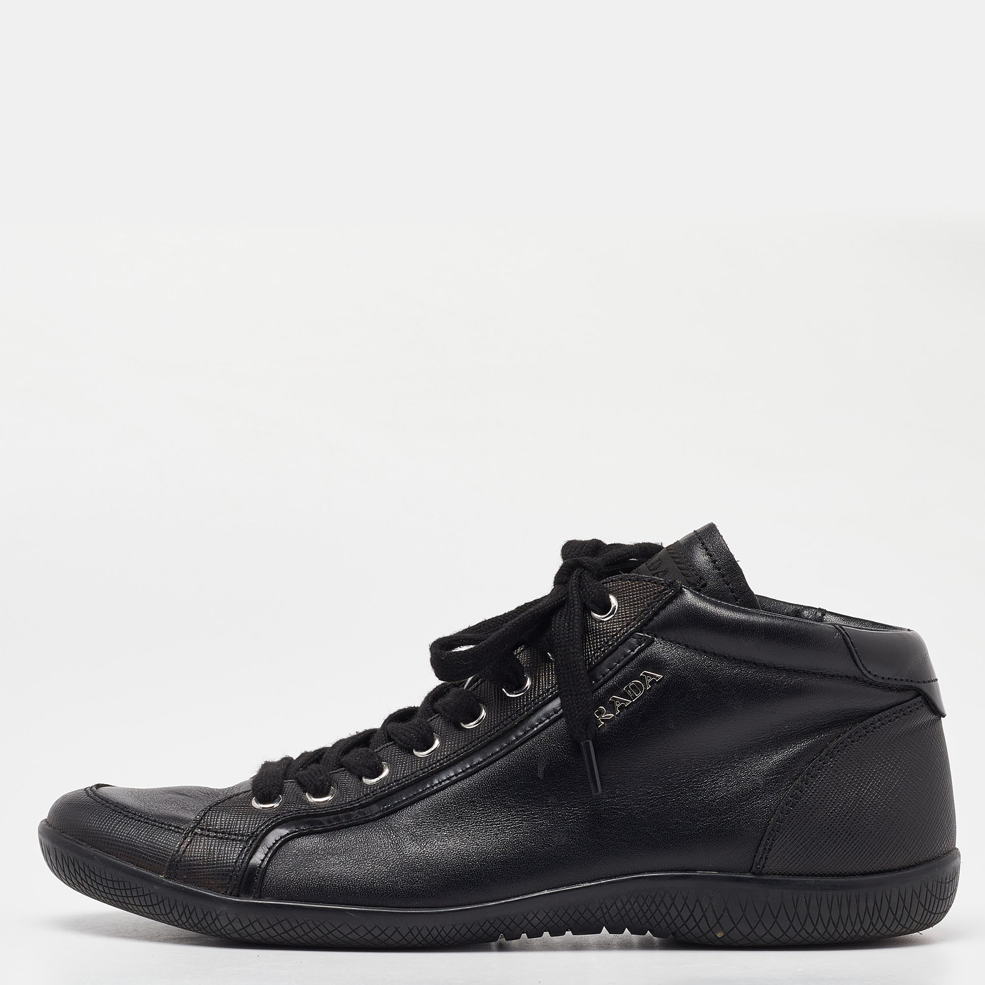 Pre-owned Prada S Black Leather High Top Sneakers Size 39