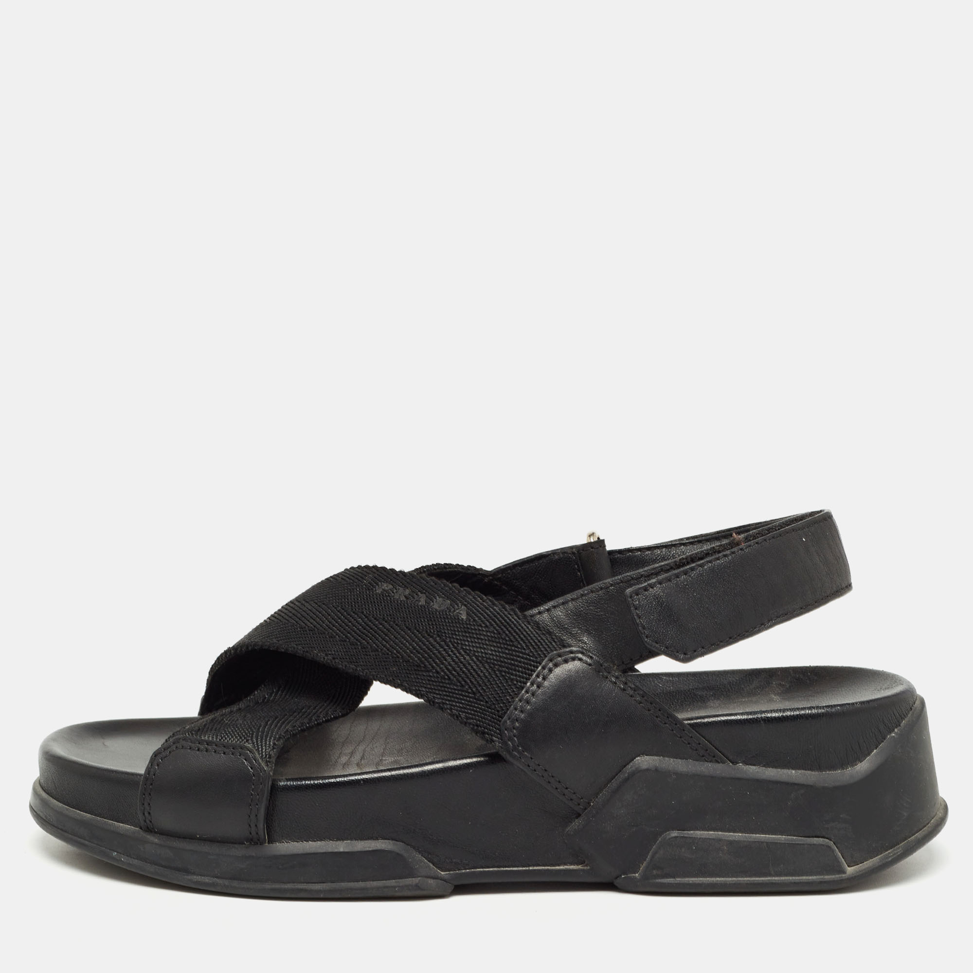 

Prada Sport Black Fabric and Leather Cross Strap Slingback Sandals Size